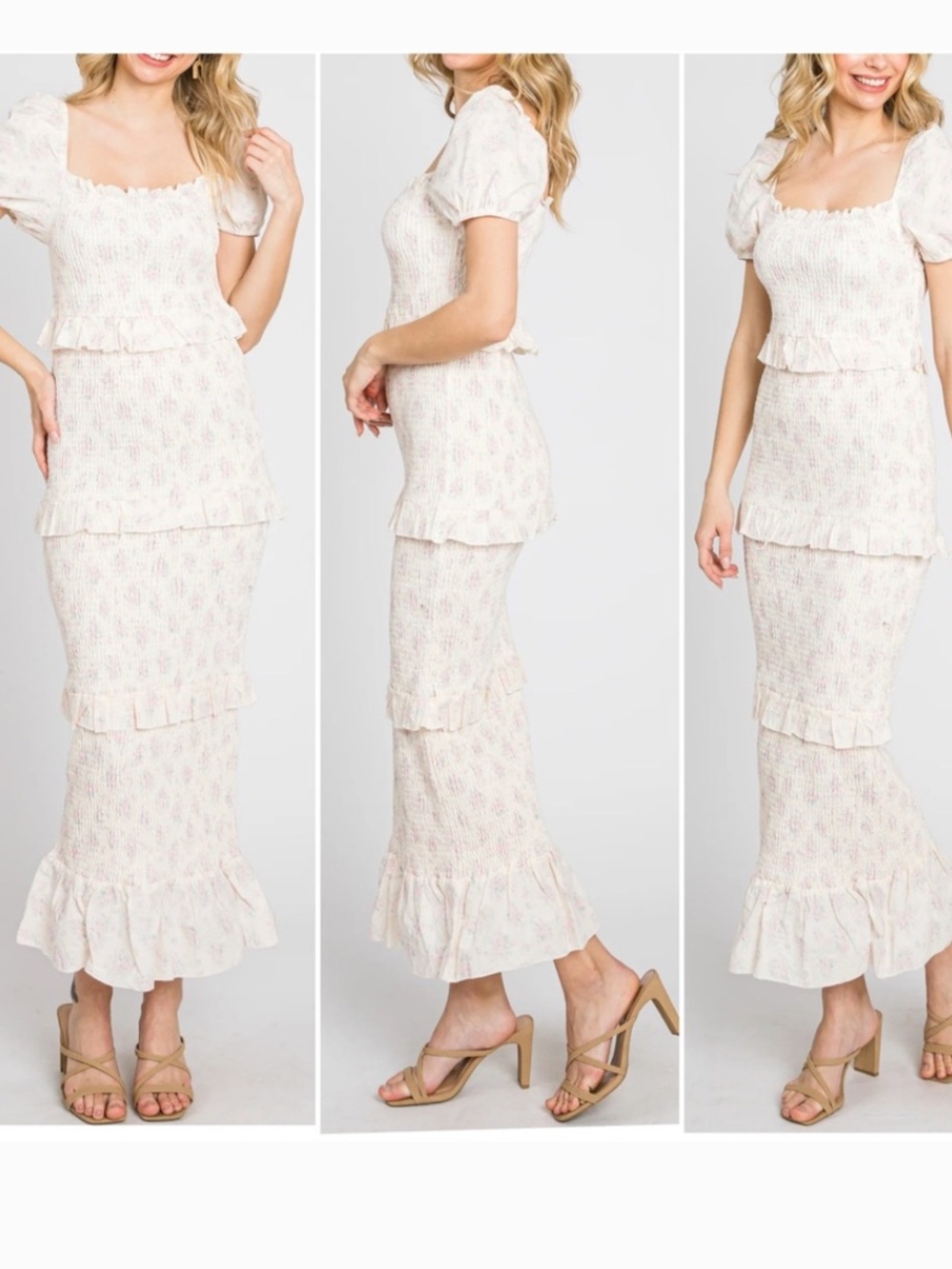 Mable Ava Tiered Smocked Cap Sleeve Floral Midi Dress Size L